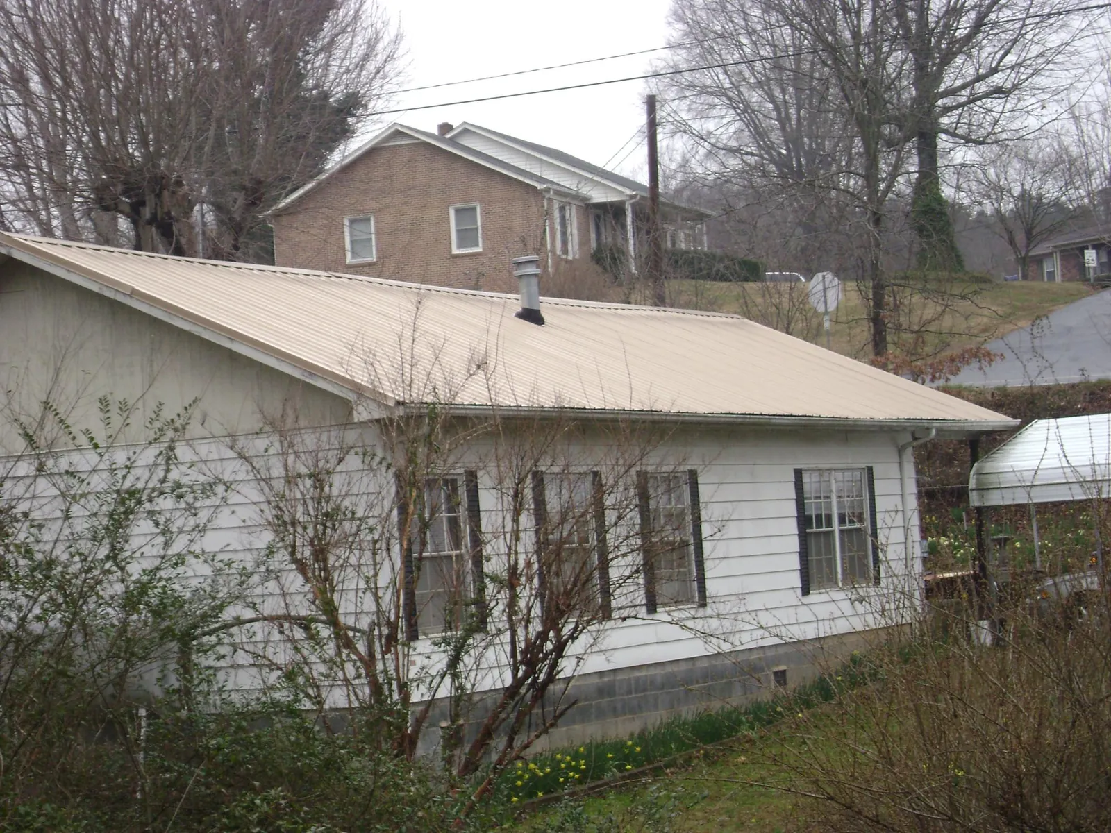 Tan metal roof on a white sided house set into a hillside in Stevenson